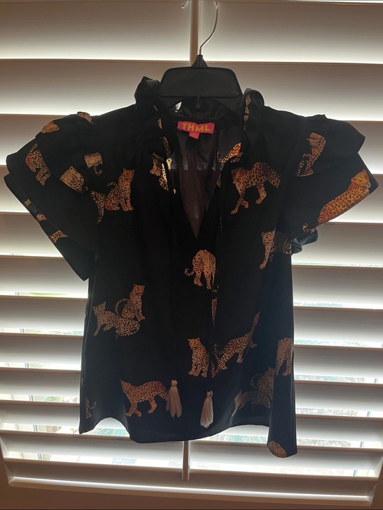 THML Tops - THML Black Top with Gold Leopard Motif and Tassels